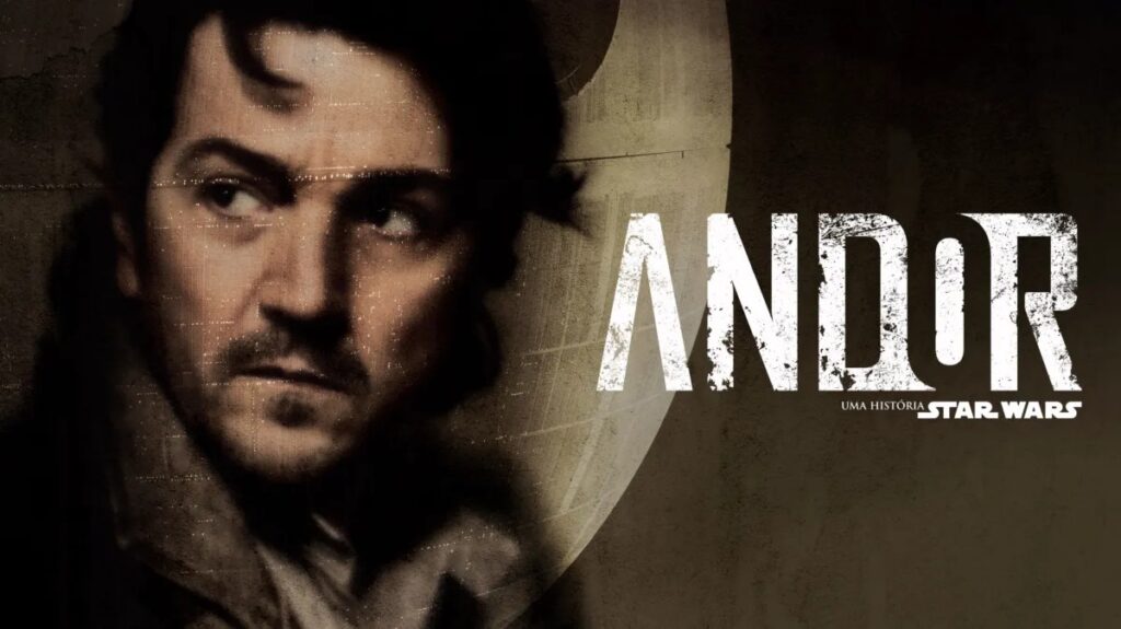 Onde assistir às séries vencedoras do Emmy 2025 4 Cassian Andor (Diego Luna) aparece em destaque olhando para o lado, no pôster oficial da série Andor, do universo Star Wars, no Disney+.
