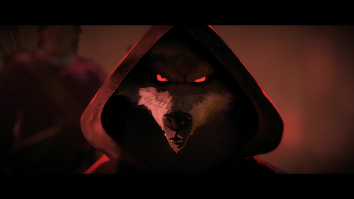 Lobo com olhos vermelhos e capuz vermelho encara intensamente. Personagem dublado por Wagner Moura no filme animado Gato de Botas 2: O Último Pedido (2022).