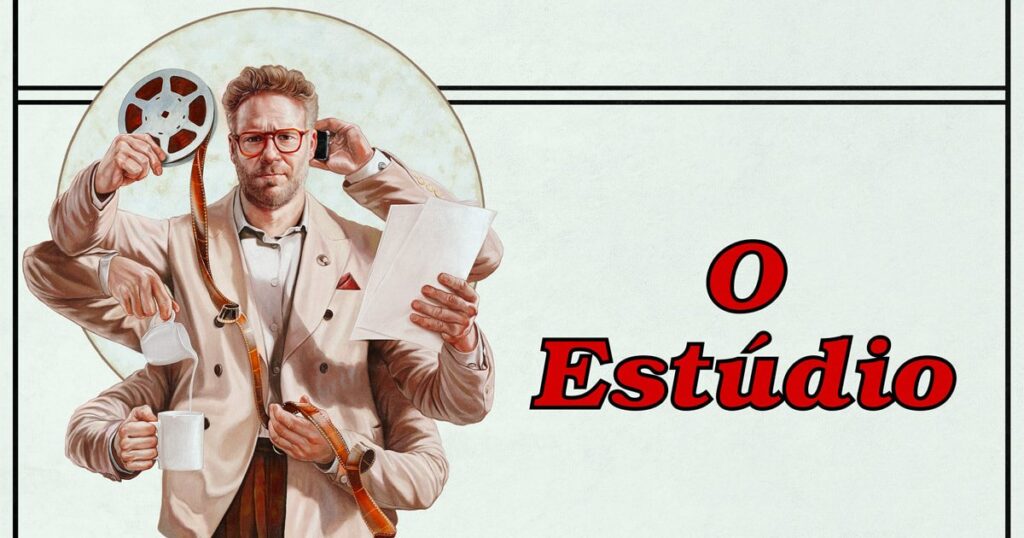 Onde assistir às séries vencedoras do Emmy 2025 5 Glen (Seth Rogen) aparece em arte promocional segurando rolo de filme, papéis, café e telefone ao mesmo tempo, simbolizando múltiplas tarefas, na série O Estúdio, da Apple TV+.