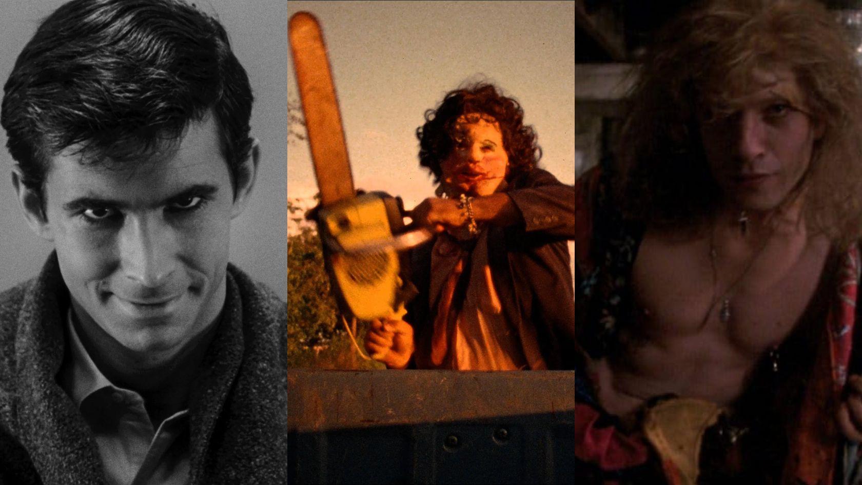 Anthony Perkins como Norman Bates em Psicose, Gunnar Hansen como Leatherface em O Massacre da Serra Elétrica e Ted Levine como Buffalo Bill em O Silêncio dos Inocentes