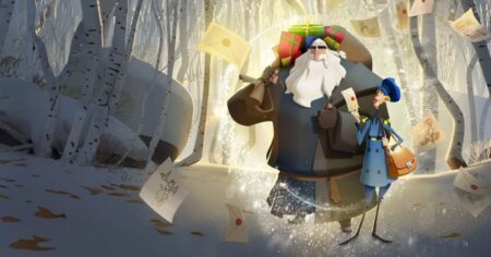 Cena do filme Klaus mostrando Klaus e Jesper caminhando pela floresta coberta de neve, com cartas flutuando ao redor.