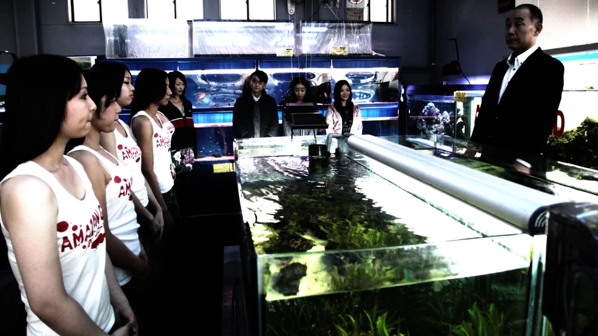 Filmes de terror asiáticos famosos: 12 obras que conquistaram o mundo 3 grupo de pessoas em uma loja de aquários iluminada por luz azul observa tanques de peixes e conversa em tom sério.