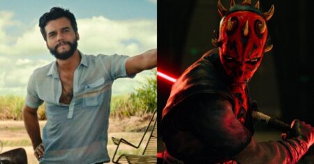 Wagner Moura em cena ao ar livre, usando camisa clara, ao lado de imagem do personagem Darth Maul empunhando sabre de luz vermelho em arte de divulgação de Star Wars: Maul – Lorde das Sombras