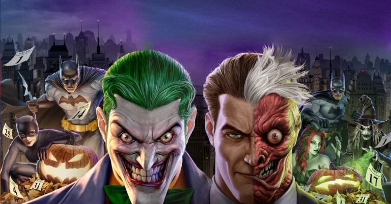 Batman: O Longo Dia das Bruxas Parte Dois aprofunda tragédia em Gotham Personagens de Batman: O Longo Dia das Bruxas Parte Dois reunidos em arte promocional, com Coringa e Duas-Caras em destaque, Gotham ao fundo e clima sombrio de mistério